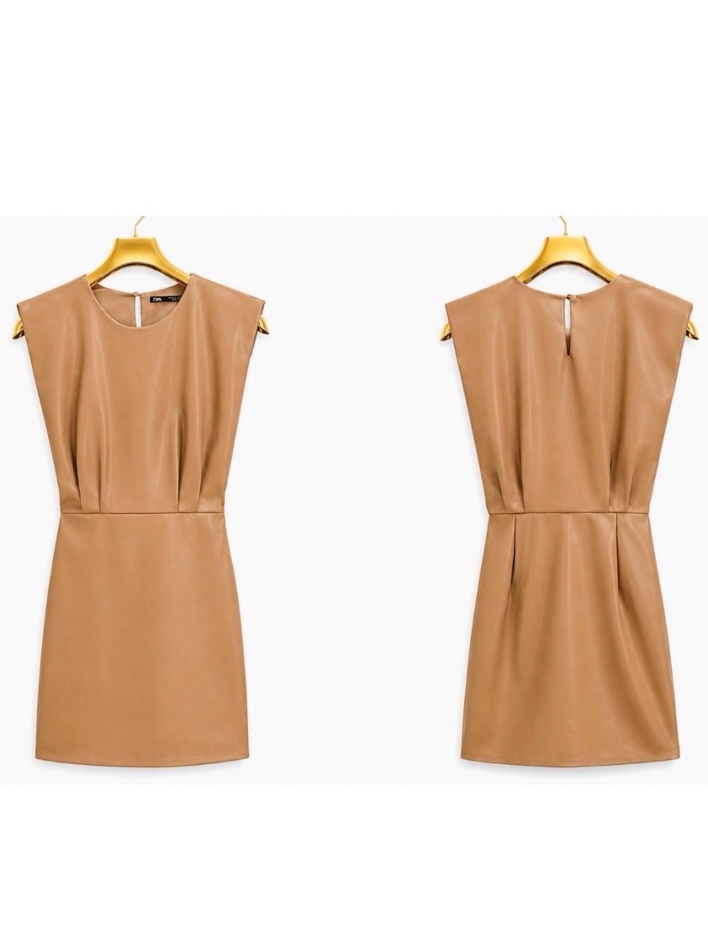 Zara faux leather tan mini padded Shoulder mini Dress - Picture 4 of 4